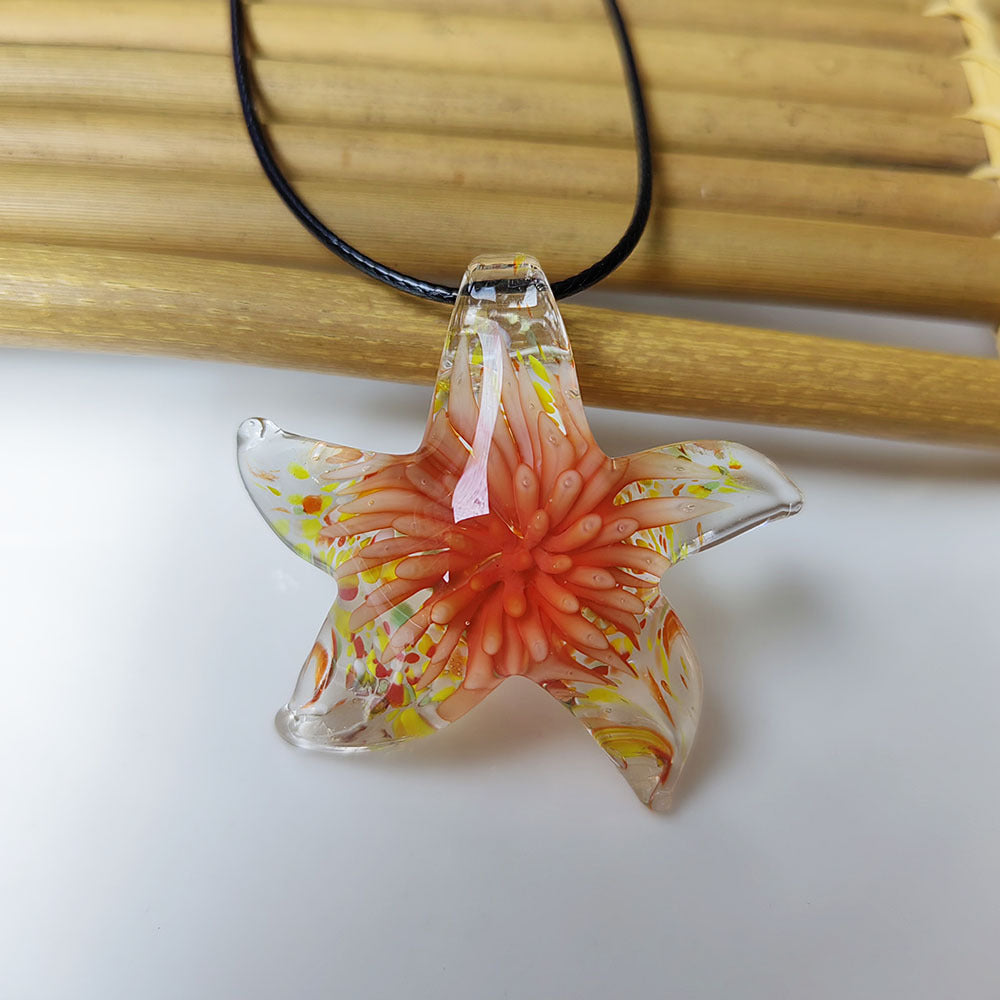 Starfish and Embedded Floral Glass Pendant Necklace