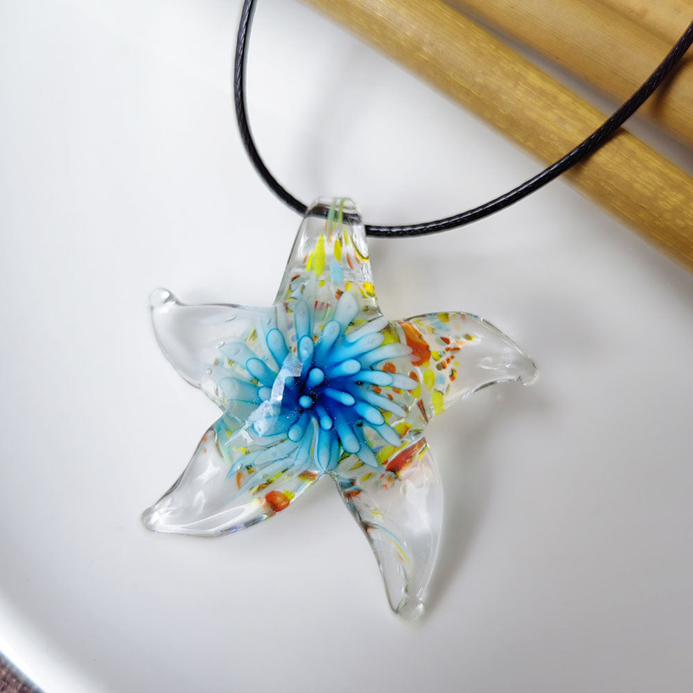 Starfish and Embedded Floral Glass Pendant Necklace