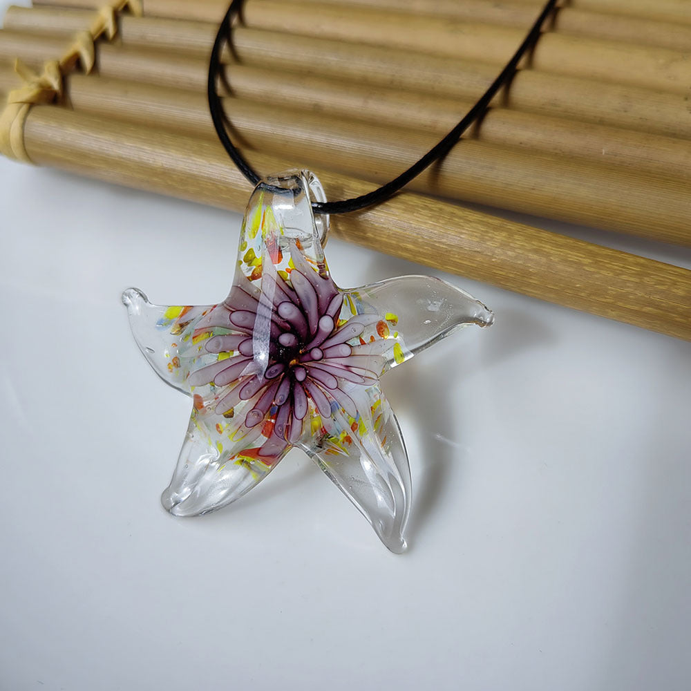 Starfish and Embedded Floral Glass Pendant Necklace